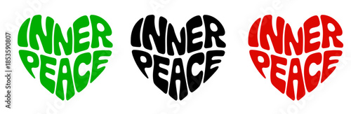 Heart-shaped sticker set featuring "INNER PEACE" in colorful and black design. For a internal peace practices that is independent of external circumstances