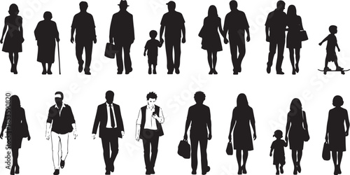 Diverse group of people silhouettes walking and standing