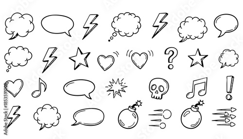 Hand drawn anime manga doodle line elements set. Collection of graphic effects for character emotion, speech bubble. Vector illustration of express shape, anime movement on white background
