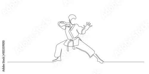 Continuous line drawing of a male martial artist performing a defensive stance with open hand and focus, symbolizing discipline, balance, and inner strength..