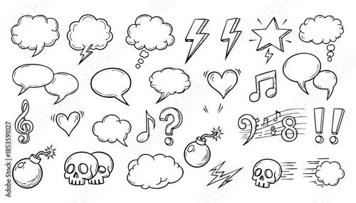 Comic boom cartoon effect line element set. Comic speech bubble pow, boom text, explosive splash smoke, wow cartoon vector icon. Hand drawn sketch doodle explosive element. Vector illustration