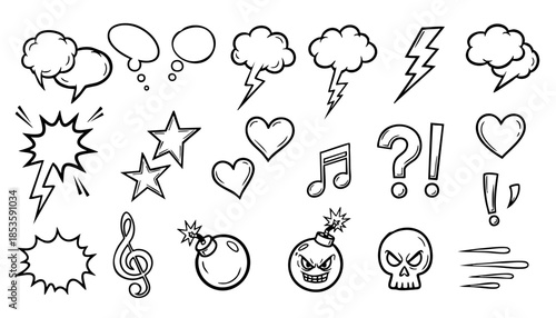 Line speed cartoon effect, boom explosive motion line element set. Comic boom burst, explosive smoke, line speed cartoon vector icon. Hand drawn sketch doodle action effect. Vector illustration 