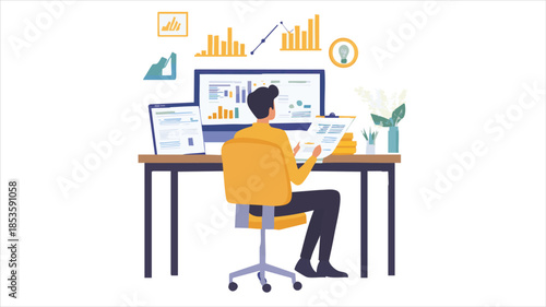 vector Person analyzing data on computer