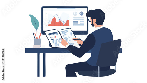 vector Businessman reviewing reports and graphs on computer