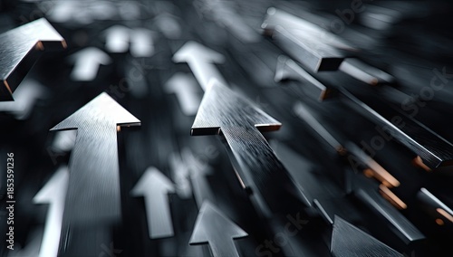 Metallic arrows pointing upward in a dynamic, motion-blurred perspective