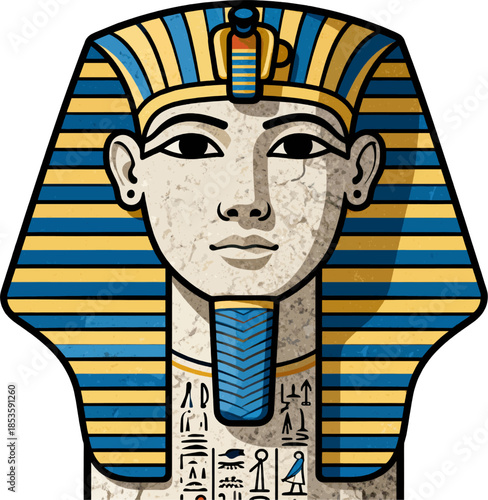 Ancient Egyptian pharaoh pillar illustration in flat vector style with blue and gold striped nemes headdress and carved hieroglyphs on stone texture background
