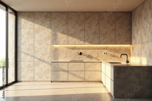 Modern Minimalist Kitchen Design with Warm Neutral Tones and Sunlight Streaming Through Large Window