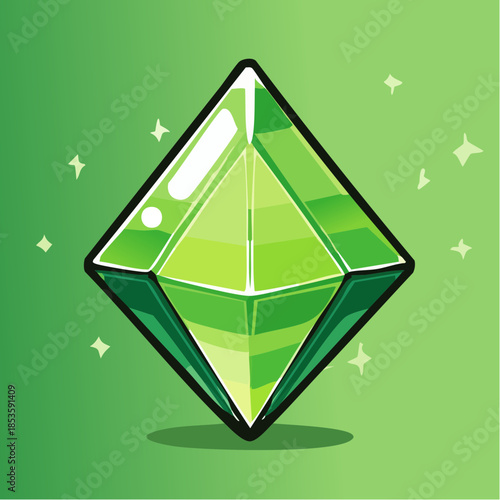Cartoon illustration of a green diamond gem with a black outline on a green background.