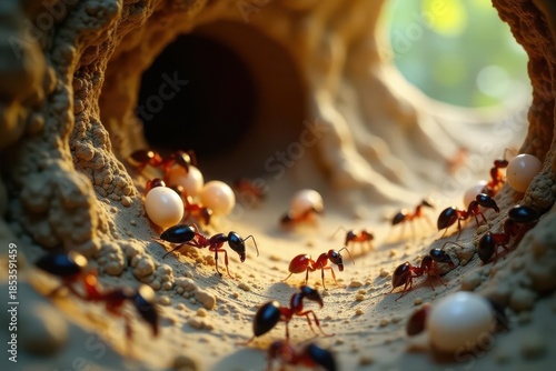 A colony of ants diligently transports creamy-white eggs into a sunlit burrow, a testament to nature's intricate social structures and collaborative efforts