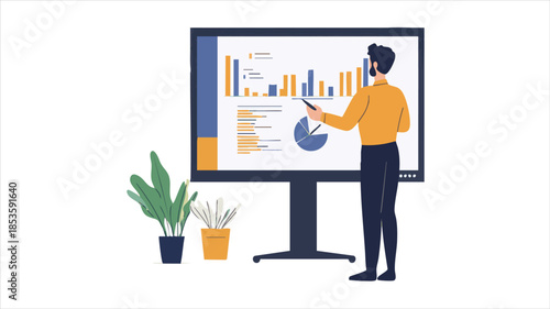 vector Businessman presenting data on a large interactive display