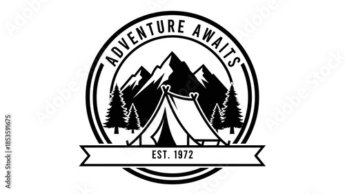 Adventure Awaits Vintage Camping Tent and Mountains Emblem.