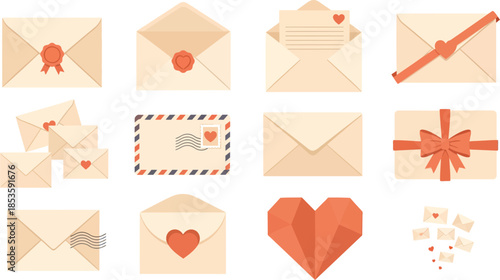 Set of blank envelopes and correspondence letters for business mail communication featuring paper document icons and a heart symbol for love message illustration