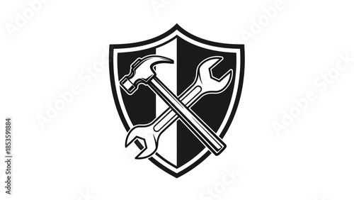 Hammer and Wrench Crossed on a Shield Emblem.