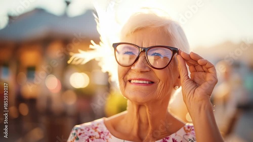 An elderly woman with a friendly smile enjoys a beautiful sunset. Surrounded by soft light, she adjusts her glasses, embracing the warmth of the evening and the beauty of life