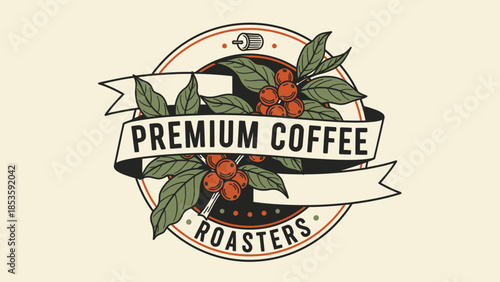 Premium Coffee Roasters Emblem with Coffee Beans and Leaves.
