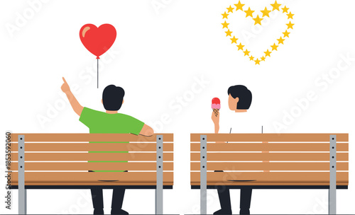 Lonely Person Sitting on a Bench with a Heart Balloon and Stars Pattern Concept.