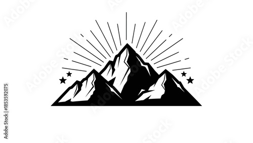Stylized Mountain Peak with Sunburst and Stars Emblem.
