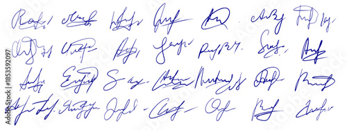 Document signature set. Hand drawn fake autographs in blue ink