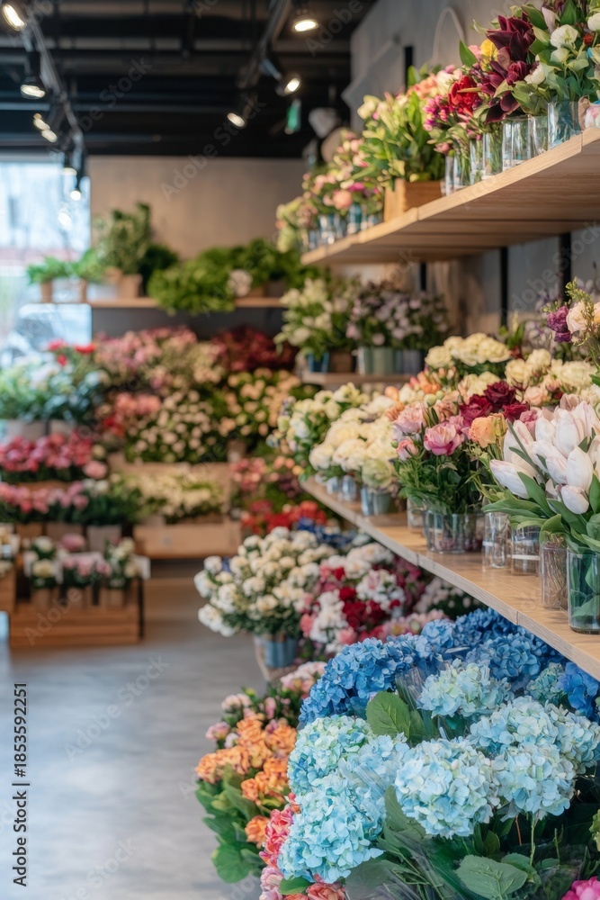 Fototapeta premium A vibrant and organized shop with floral arrangements on wooden shelves