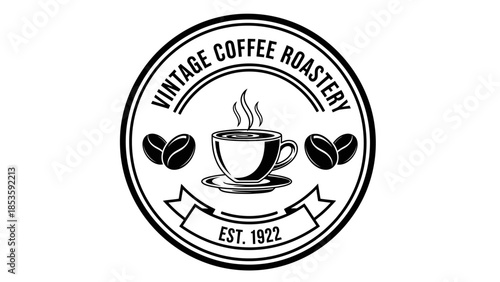 Vintage Coffee Roastery Emblem with Coffee Cup and Beans.