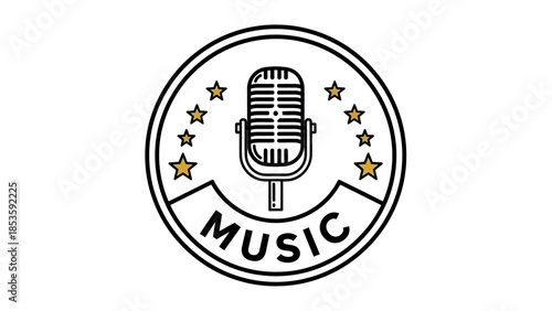 Vintage Microphone with Music Text and Stars Emblem.