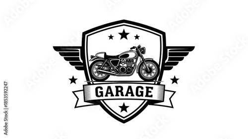 Vintage Motorcycle Garage Emblem with Wings and Stars.