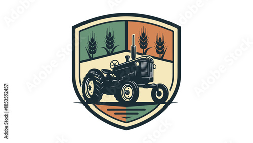 Vintage Tractor Emblem with Wheat Stalks and Fields.