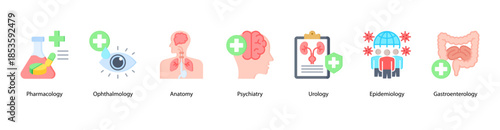 Medical Disciplines web banner illustration featuring Pharmacology, Ophthalmology, Anatomy, Psychiatry, Urology, Epidemiology, and Gastroenterology.