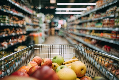 Shopping cart filled with fresh produce in a brightly lit grocery aisle