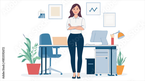 vector Confident woman stands at her organized office desk