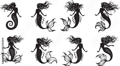 Collection of eight black silhouette mermaid illustrations