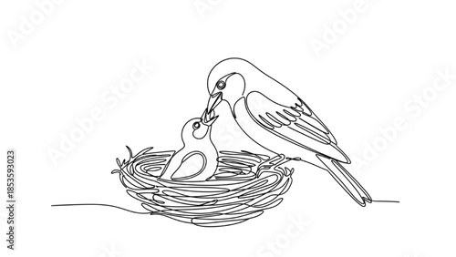 High-quality black continuous line art of bird feeding its chick in a nest, parental care, family bond, minimalist wildlife illustration