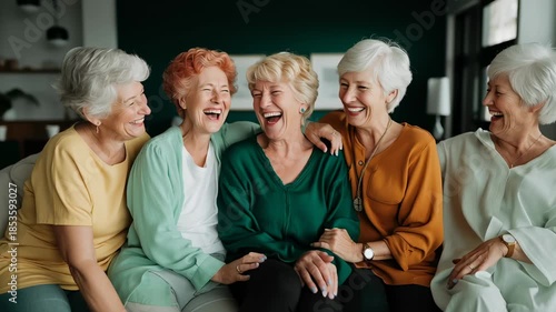 Heartfelt moments unfold as five cheerful senior women come together to share laughter and stories. Their smiles light up the cozy atmosphere in a warm, inviting space