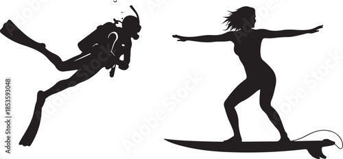 Silhouette of a scuba diver and a surfer surfing diving