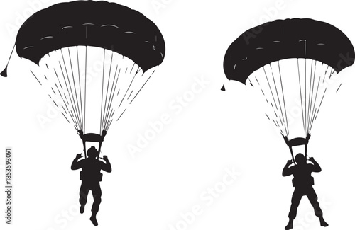 Silhouettes of skydivers with parachutes skydiving