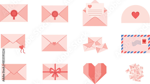 Vector illustration set of open and blank paper envelopes with hearts for mail correspondence and love letter message icons used in web business communication design