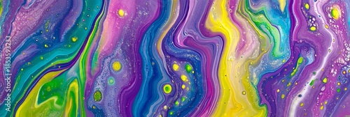 Vibrant abstract painting with fluid waves in purple, blue, yellow, and green.