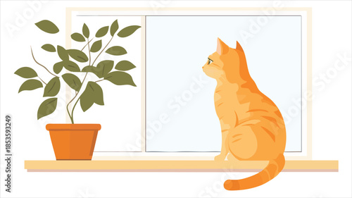 vector Orange tabby cat sits on windowsill, gazing out at a plant