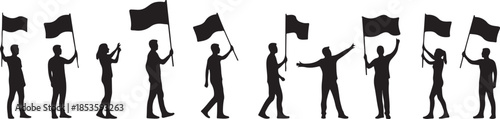 Silhouettes of people holding flags in various poses