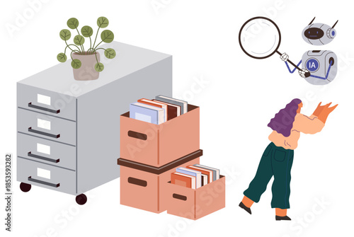Filing cabinet with drawers, boxes of books, studying individual, AI robot analyzing with magnifying glass. Ideal for productivity, organization, technology, research, education office concepts