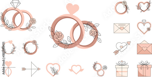 Rose gold wedding jewelry and accessories collection with hearts and bows