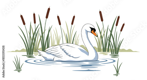 Graceful white mute swan swims serenely in calm water, surrounded by tall reeds and cattails, in a peaceful nature scene.