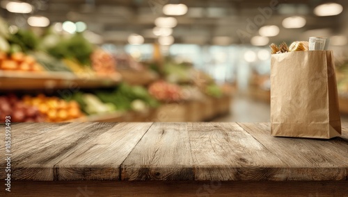 Brown paper bag with groceries on a rustic wooden table in a market