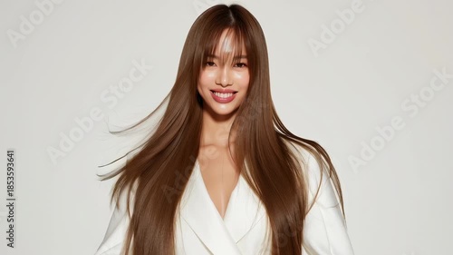 Captivating moments showcase a stunning model in Korea, adorned in an elegant white outfit, flaunting her beautiful long hair. The perfect blend of beauty and fashion is mesmerizing