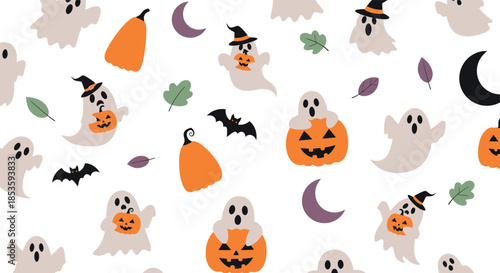 Halloween themed illustration with ghosts bats pumpkins and crescent moons on white background