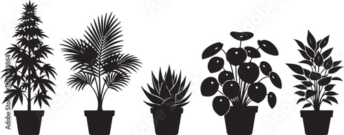 Potted Houseplants Silhouettes Keywords: potted plant, houseplant, silhouette, black and white