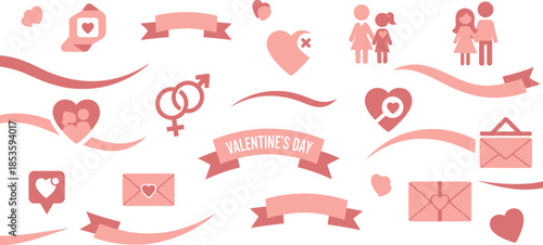 Collection of pink and red valentine s day symbols and banners on white background