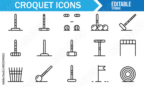 Croquet mallet and ball editable line icons