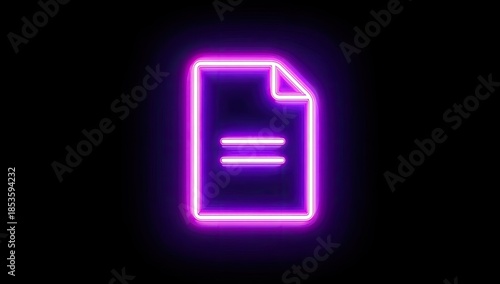 Neon document icon with two horizontal lines on a black background