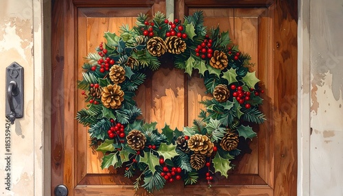 Festive wreath with pinecones and berries adorns a weathered wooden door